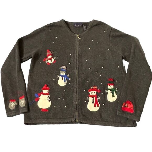Vintage Fun Embroidered Snowman Beaded Teacher Zip Cardigan Sweater L - Picture 1 of 5